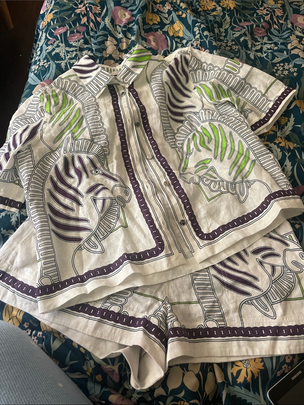 Tory Burch Girls' Zebra Print Button-Front Set in White, Green & Purple